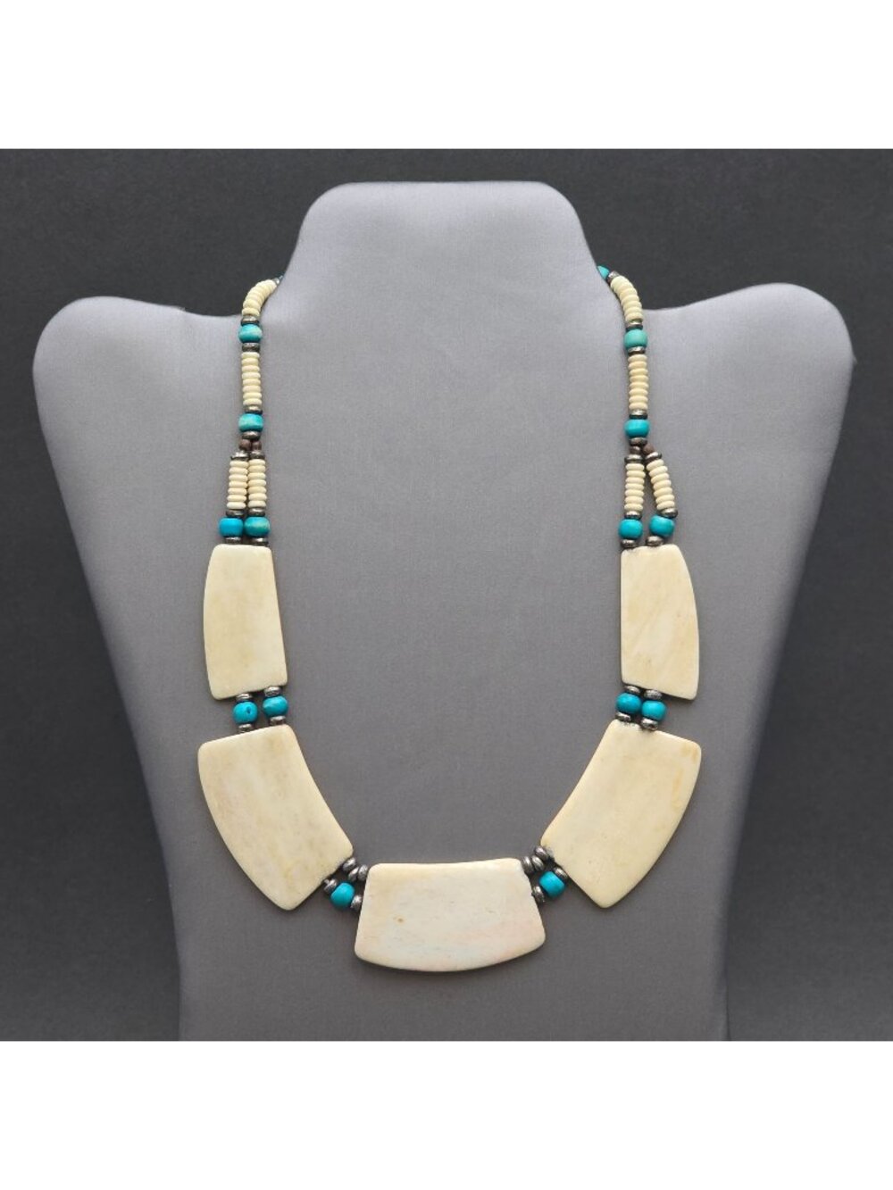 Vintage Southwestern Carved Bovine Bone Bib Statement Necklace 18" Blue Accents